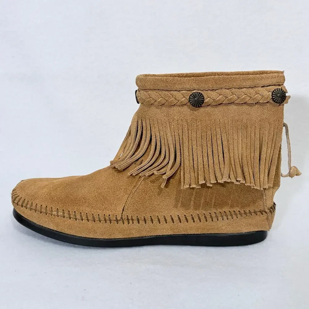 Minnetonka Ankle Boots Womens 8 Fringe Brown Suede Leather BOHO Southwestern